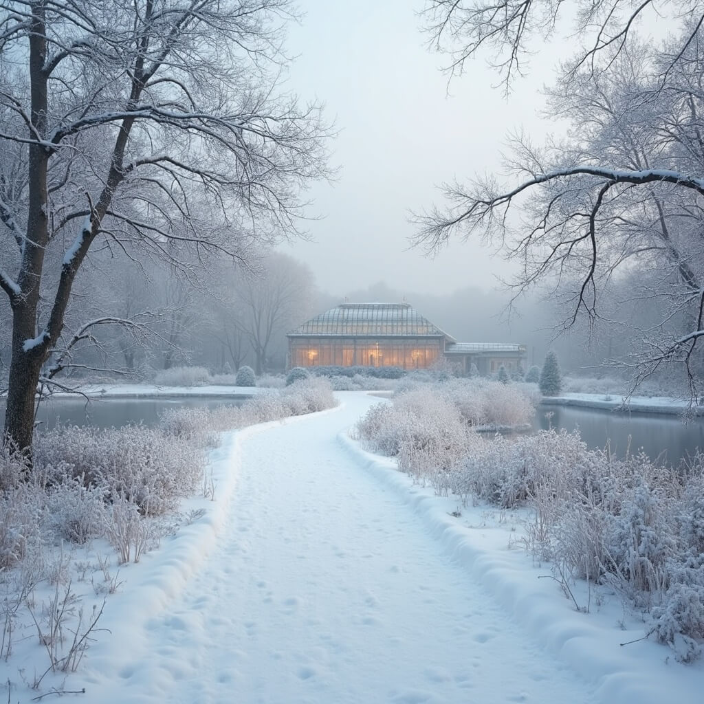 Winter view of Belle Isle with snow-covered paths, bare trees, frosty branches, and Anna Scripps Whitcomb Conservatory greenhouse in the background under a soft gray sky