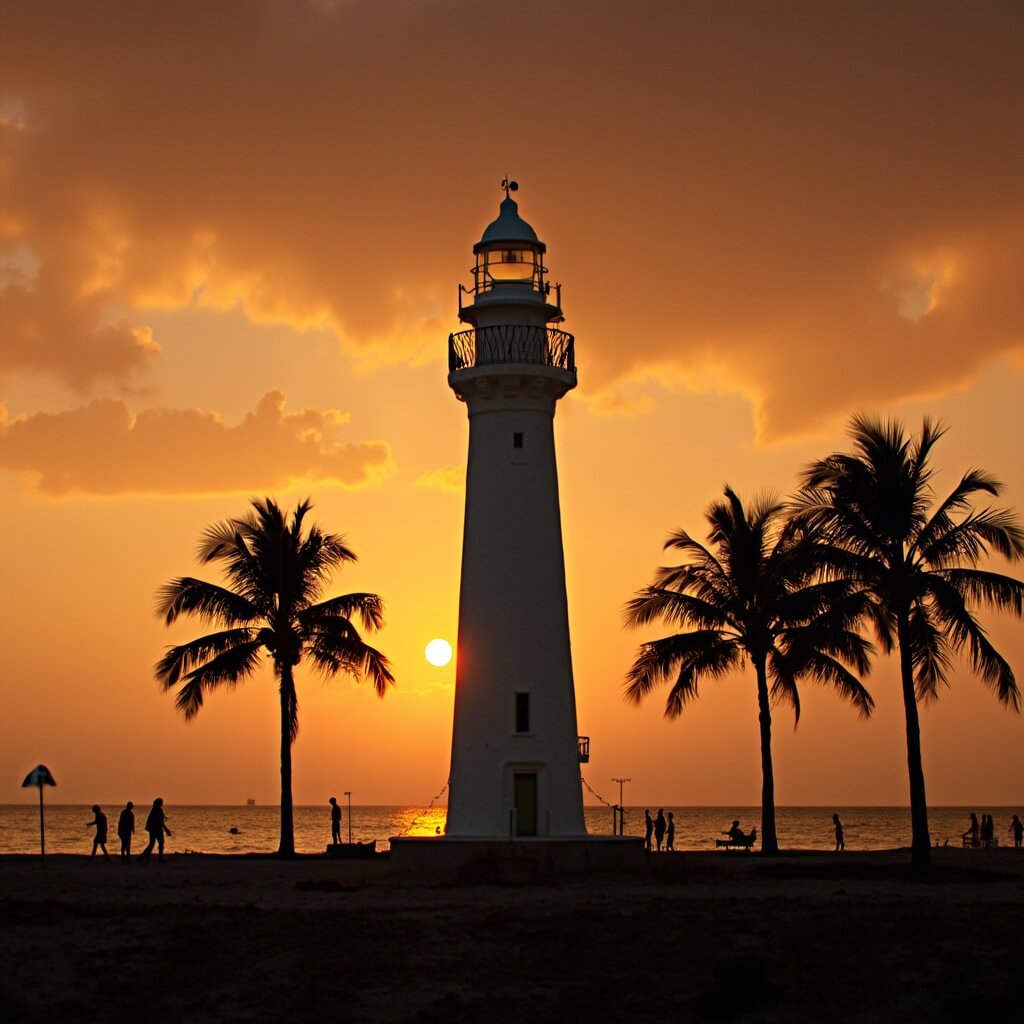 Iconic white lighthouse at Bill Baggs Cape Florida State Park during sunset with palm tree silhouettes, calm Biscayne Bay waters reflecting sunset colors, and beachgoers along the shore.