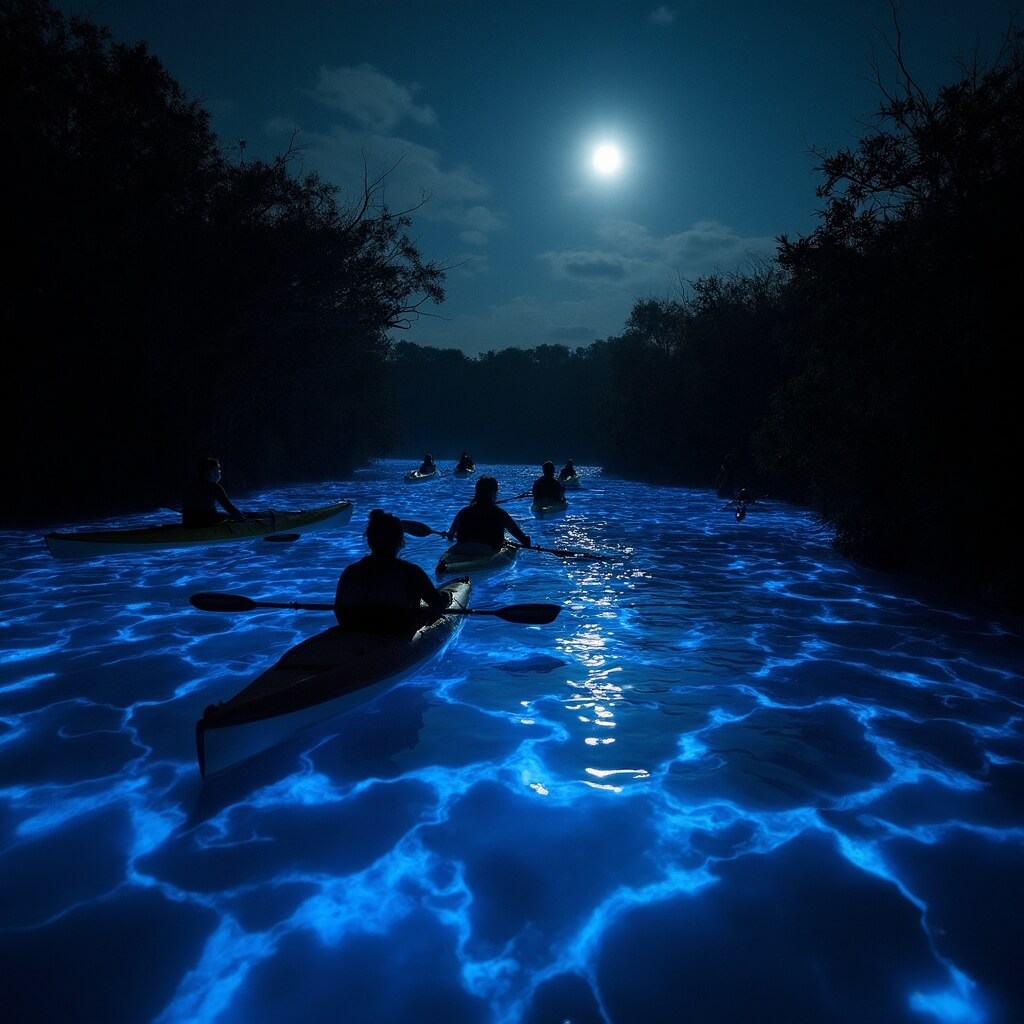 Kayakers paddling on bioluminescent blue glowing water under the starry night sky with moonlit mangroves in Cocoa Beach during winter
