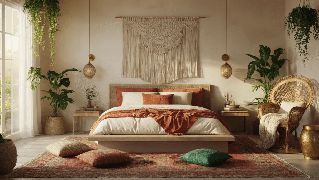 A sunlit boho bedroom featuring a low-profile bed with layered textiles, a macramé wall hanging, scattered jewel-toned cushions, and abundant plants, all illuminated by warm string lights and paper lanterns.