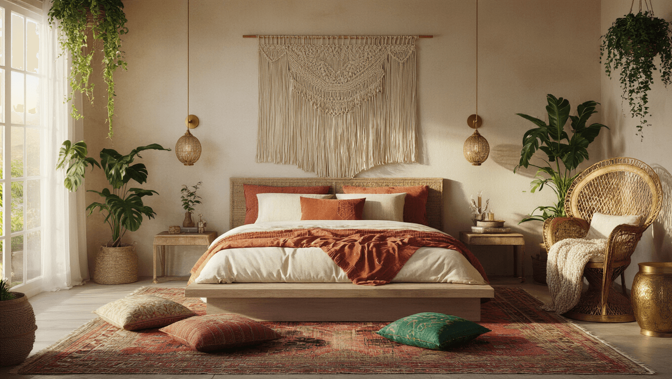 A sunlit boho bedroom featuring a low-profile bed with layered textiles, a macramé wall hanging, scattered jewel-toned cushions, and abundant plants, all illuminated by warm string lights and paper lanterns.