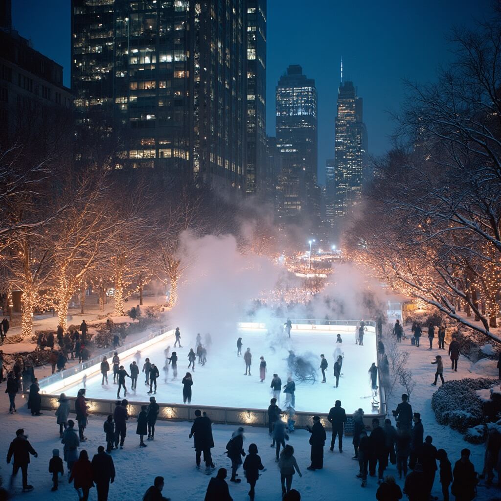 Illuminated ice skating rink at Bryant Park during night with skaters, glowing city lights, steam from street vendor carts and twinkling city backdrop