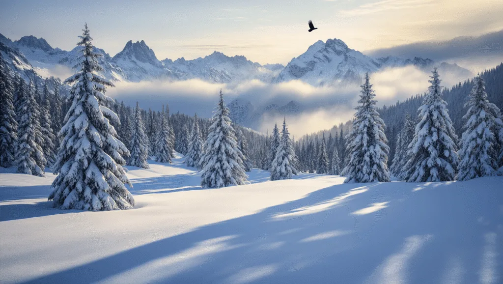 "Winter scene of Cascade Mountains with snow-covered evergreen trees, jagged peaks piercing through clouds, and an eagle soaring above during golden hour."