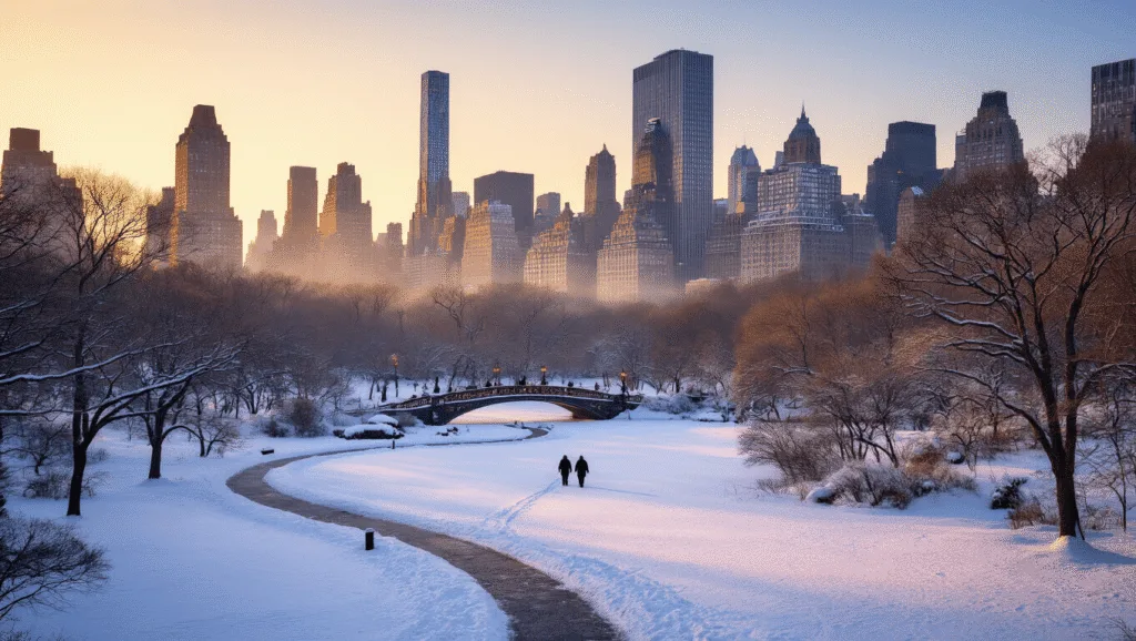 "Snow-covered Central Park at dawn with Manhattan skyline backdrop, solitary figures walking, Bow Bridge and holiday lights visible, showcasing winter serenity and New York grandeur"