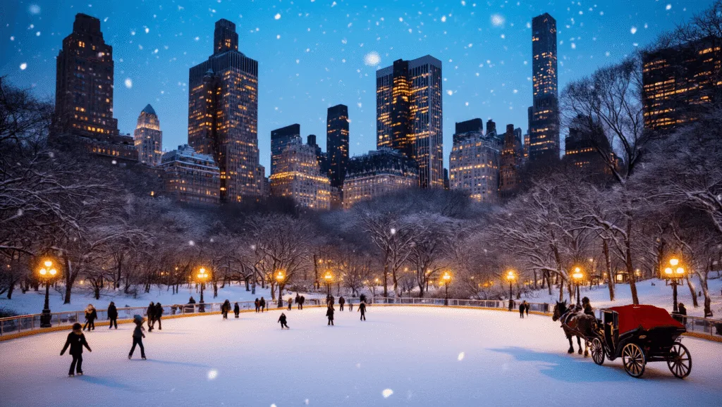 "Winter dusk in Central Park with ice skaters, an illuminated Manhattan skyline, falling snow, lamplight-dotted pathways, horse-drawn carriage and the glowing Plaza Hotel in the background."