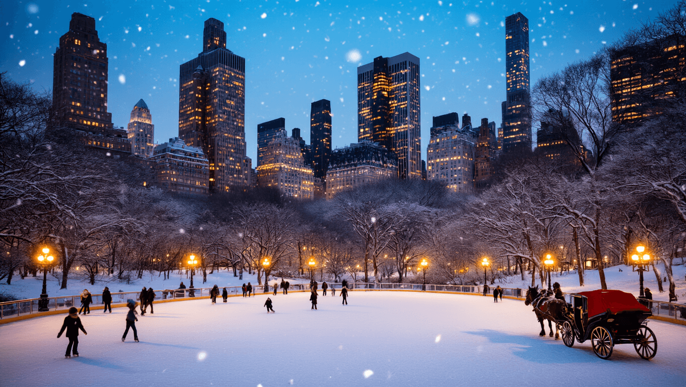 "Winter dusk in Central Park with ice skaters, an illuminated Manhattan skyline, falling snow, lamplight-dotted pathways, horse-drawn carriage and the glowing Plaza Hotel in the background."