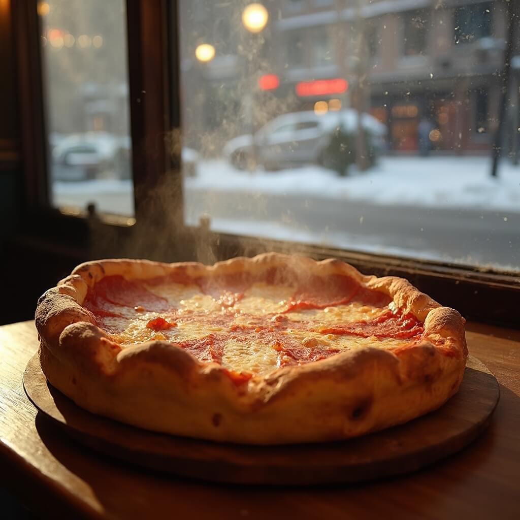 Close-up of a steaming Chicago deep dish pizza with melted cheese and tomato sauce on a wooden table in a cozy restaurant, snowy city street visible through the window in the background