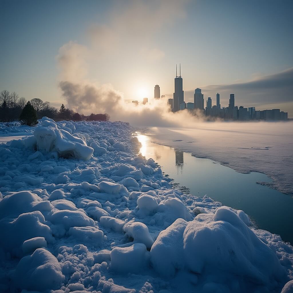 Dawn cityscape of Chicago with ice formations on frozen Lake Michigan shoreline, city skyline silhouetted in the background, and steam rising from the water