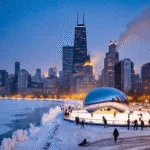 "Snowfall over illuminated Chicago skyline with frozen Lake Michigan, ice-covered Millennium Park, and reflective Cloud Gate under a twilight sky"
