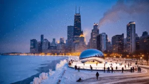 "Snowfall over illuminated Chicago skyline with frozen Lake Michigan, ice-covered Millennium Park, and reflective Cloud Gate under a twilight sky"