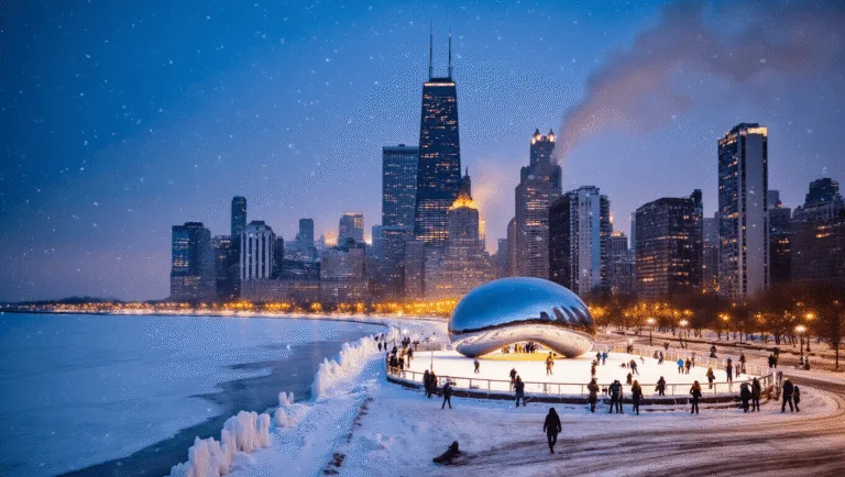 "Snowfall over illuminated Chicago skyline with frozen Lake Michigan, ice-covered Millennium Park, and reflective Cloud Gate under a twilight sky"