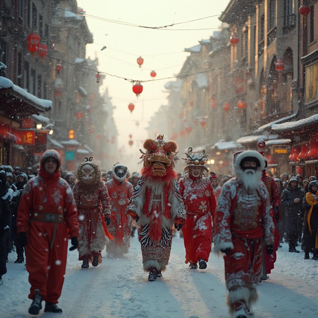 Snowy Lunar New Year parade in Chinatown with traditional costumes and red decorations, crowded streets and historic buildings