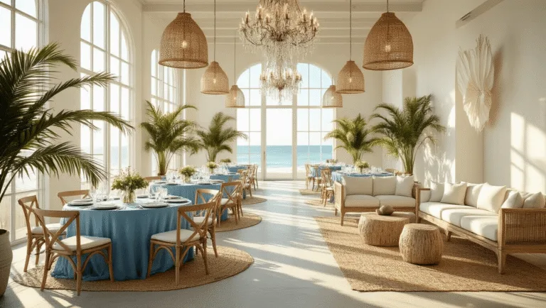 Photorealistic coastal-chic corporate ballroom with white-washed tables, azure blue linens, crystal chandeliers, and cream sofas, illuminated by golden hour sunlight through floor-to-ceiling windows, featuring organic shadows from palm fronds on pearl-white walls, in an elegant luxury atmosphere.