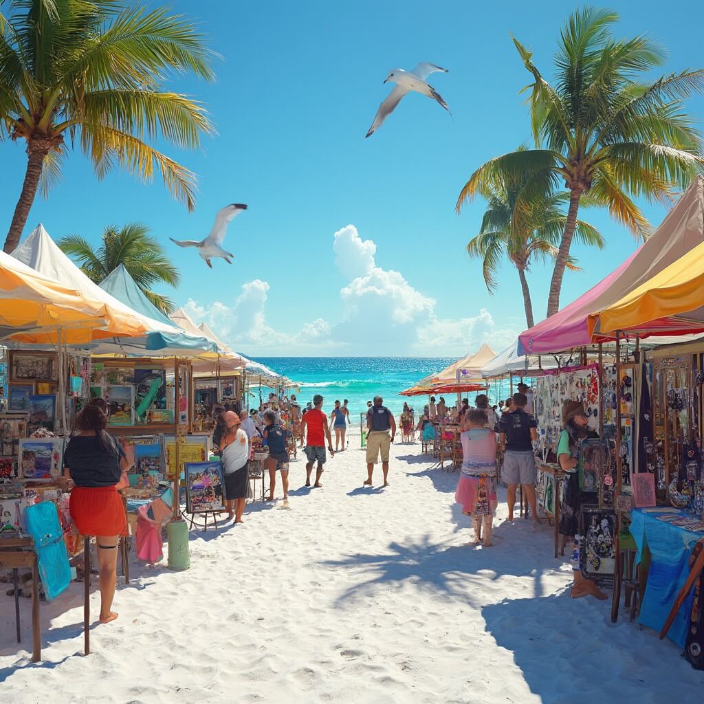 Local artists exhibiting handmade jewelry and paintings at a colorful beachfront art festival in Cocoa Beach, Florida, with beachgoers, palm trees, and seagulls in the backdrop.