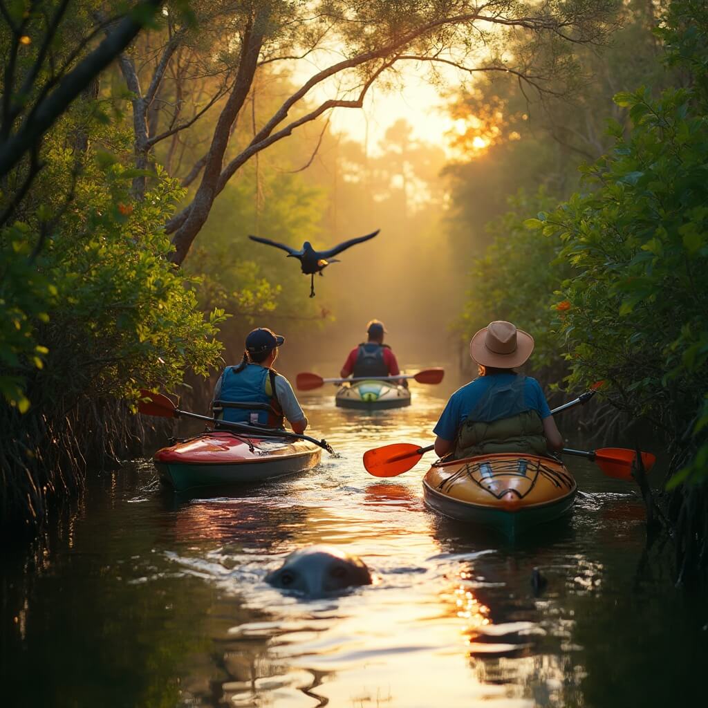 Small group of eco-friendly kayakers paddling through a serene mangrove forest near Cocoa Beach with a manatee surfacing and great blue heron perched overhead during sunset.