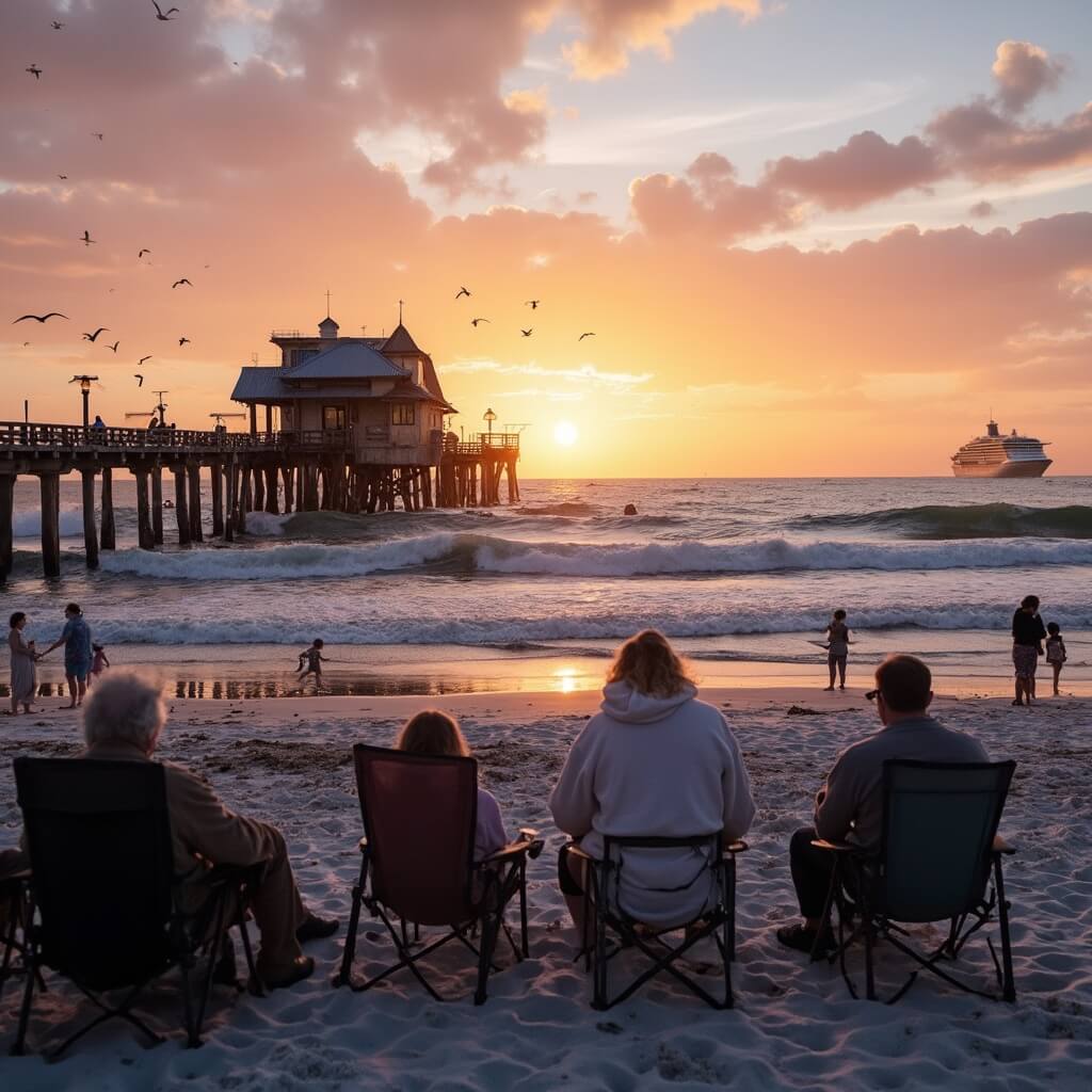 Surfers catching waves at Cocoa Beach Pier during a January sunset, with beachgoers relaxing in foreground and a cruise ship silhouette in the distance.