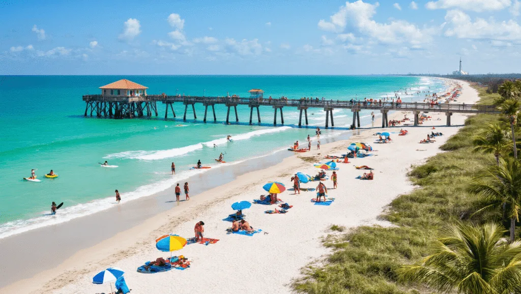 "Aerial view of vibrant Cocoa Beach during March, filled with colorful beach umbrellas, surfers, families enjoying beach activities, and kayakers with Kennedy Space Center in the distance under a brilliant blue sky."