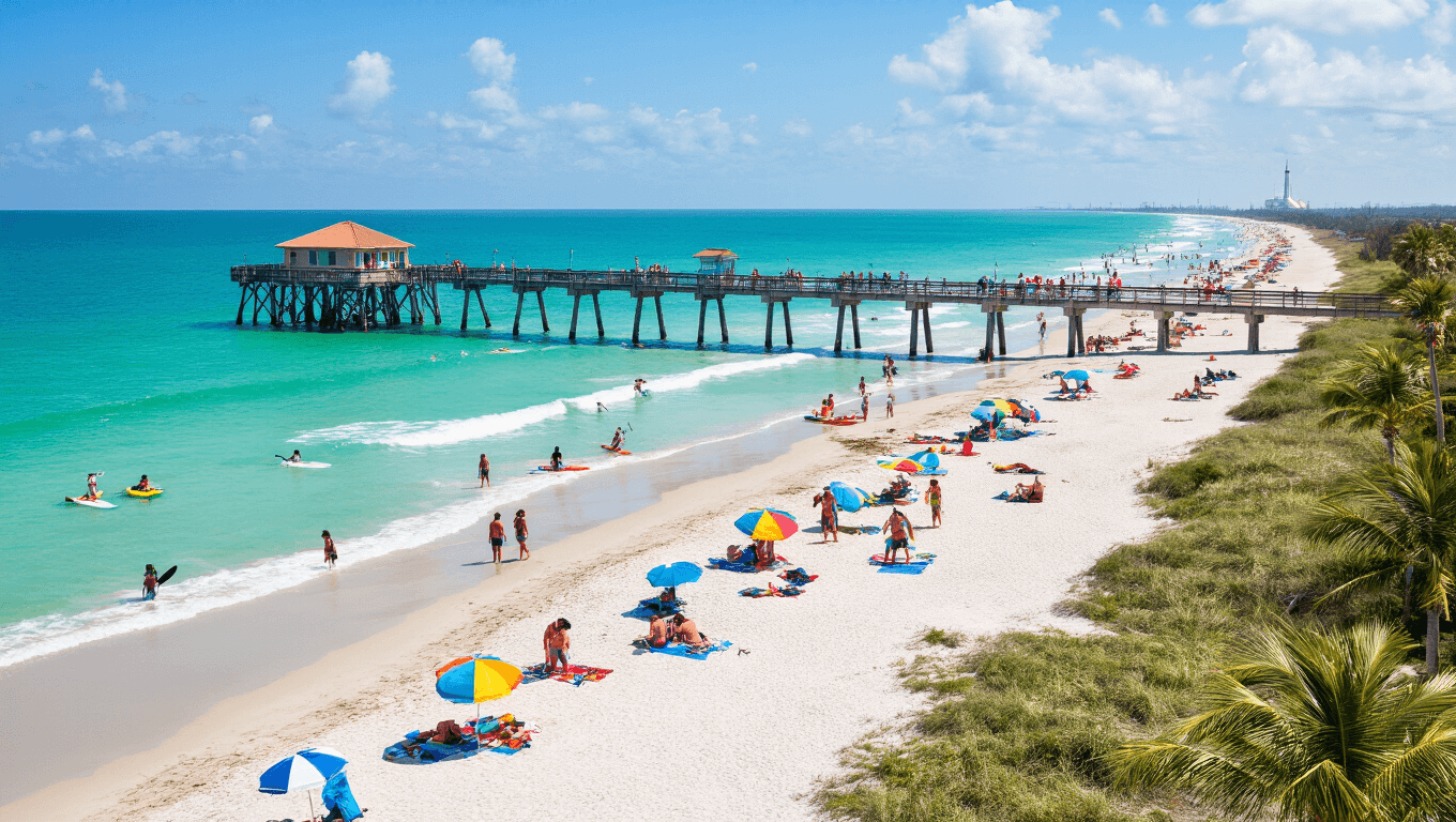"Aerial view of vibrant Cocoa Beach during March, filled with colorful beach umbrellas, surfers, families enjoying beach activities, and kayakers with Kennedy Space Center in the distance under a brilliant blue sky."