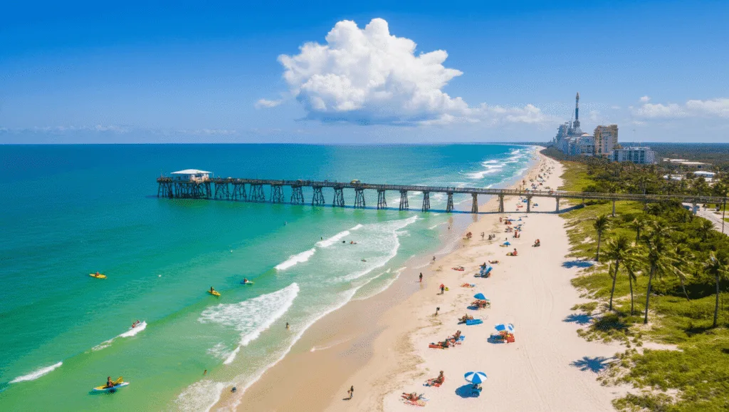"Aerial view of Cocoa Beach in April featuring surfers, kayakers, beachgoers, palm trees, beach umbrellas, and a distant rocket launch from Kennedy Space Center"