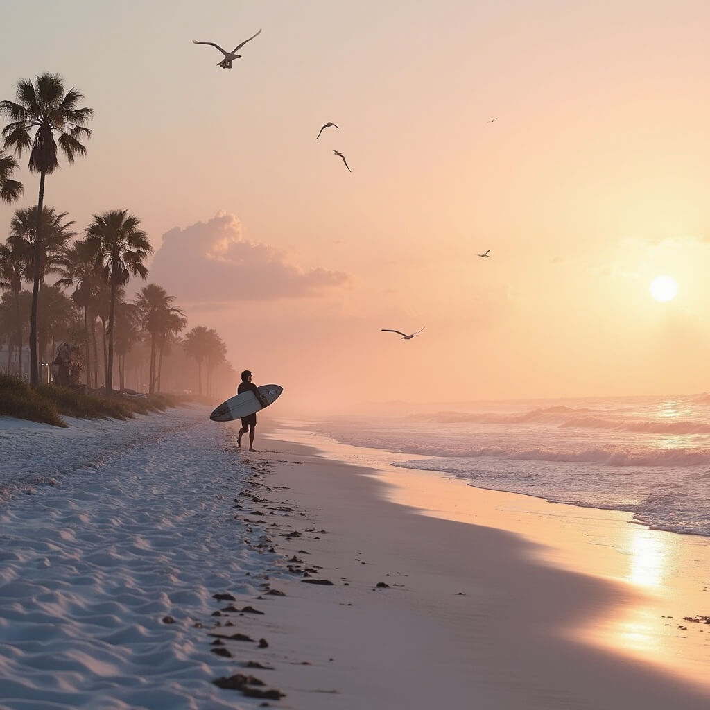 Lone surfer heading towards the water at sunrise on a serene, uncrowded Cocoa Beach in January, with palm trees, flying seabirds, and golden sandy shore in the background.