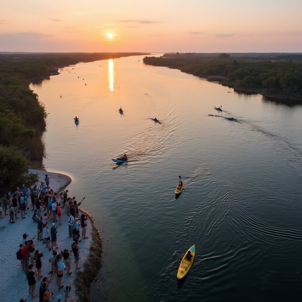 Aerial sunset view of Banana River in Cocoa Beach with kayakers, stand-up paddleboarders, mangrove islands, and dolphins, and a group of people on a nature walk on the shoreline