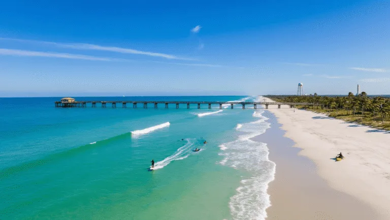 "Surfer riding a wave on Cocoa Beach in January, with clear turquoise waters, empty white sand beach, Cocoa Beach Pier, palm trees, kayaking group, jumping dolphins, and Kennedy Space Center in the distance."