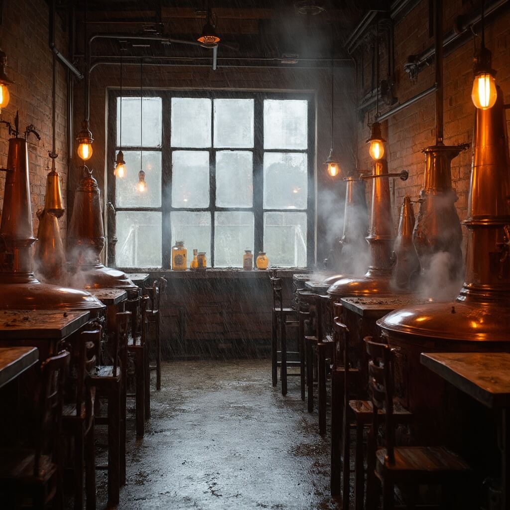 Cozy Seattle craft brewery interior with exposed brick walls, wooden barrel racks, and soft lighting from industrial lamps, steam emanating from copper brewing kettles, and view of heavy rain through large windows