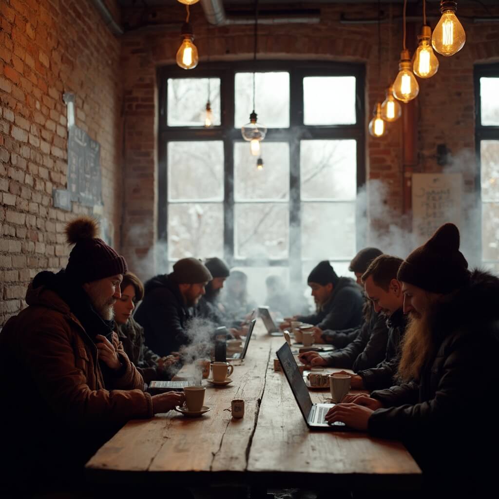 Cozy Williamsburg coffee shop interior with exposed brick walls, rustic wooden tables, snow-frosted industrial windows, steaming coffee cups, vintage Edison bulbs, and people working on laptops in warm amber light