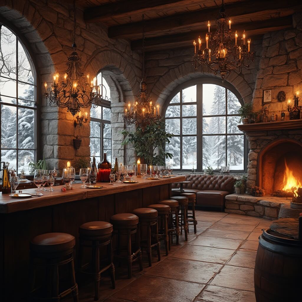 Cozy wine tasting room with rustic interiors, cracking fireplace and views of snowy vineyards