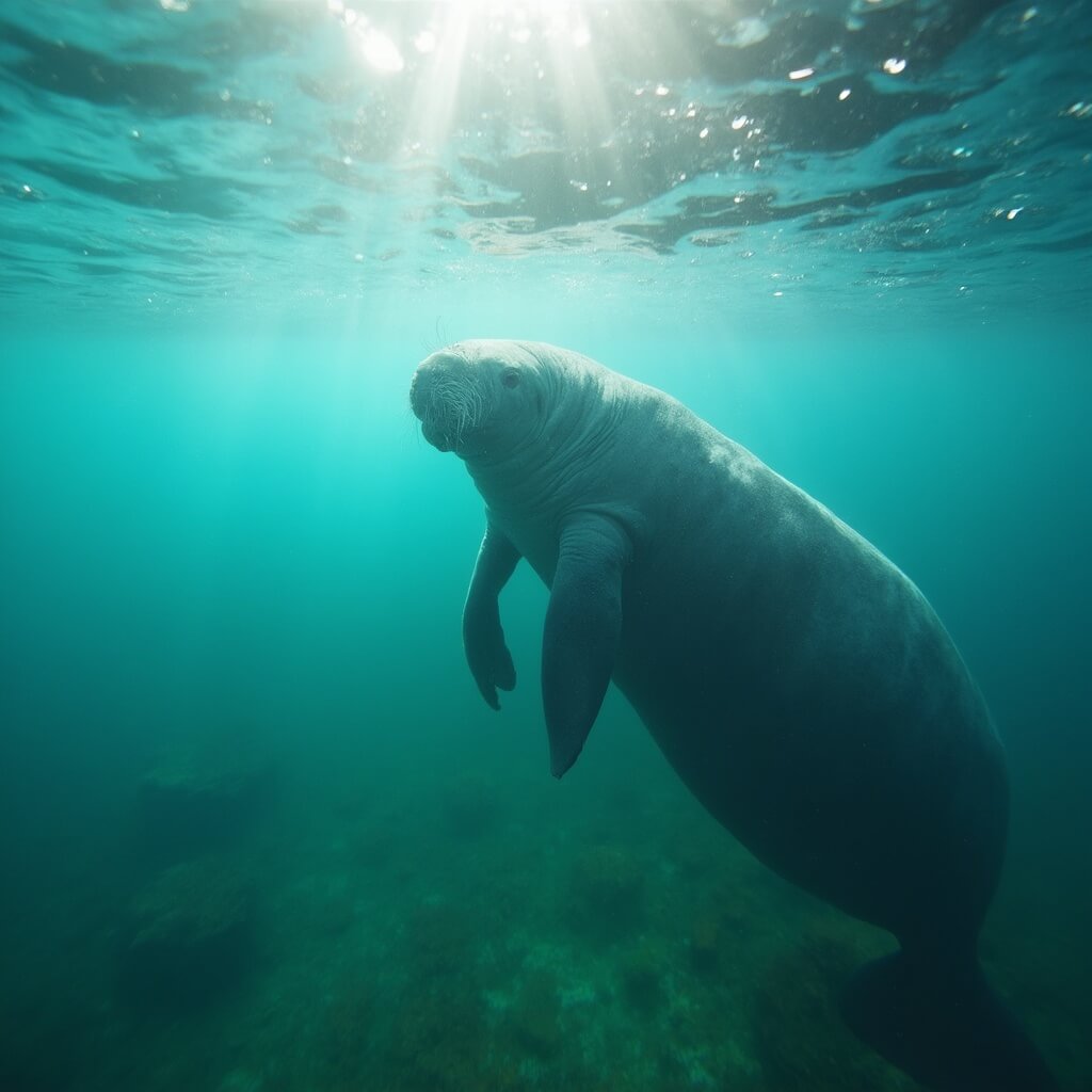 Manatees in their natural winter habitat in Crystal River, Florida, swimming in crystal clear turquoise spring waters with morning sun rays penetrating underwater.