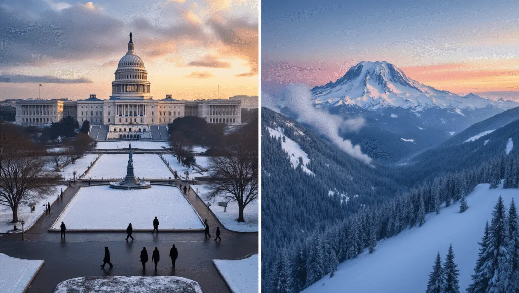 "Split-screen aerial view of snowy Washington DC's National Mall and Washington State's Cascade Mountains during golden hour"
