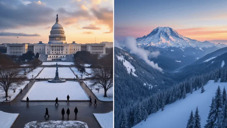 Freeze Frame: Why Washington in January is Your Ultimate Winter Wonderland "Split-screen aerial view of snowy Washington DC's National Mall and Washington State's Cascade Mountains during golden hour"