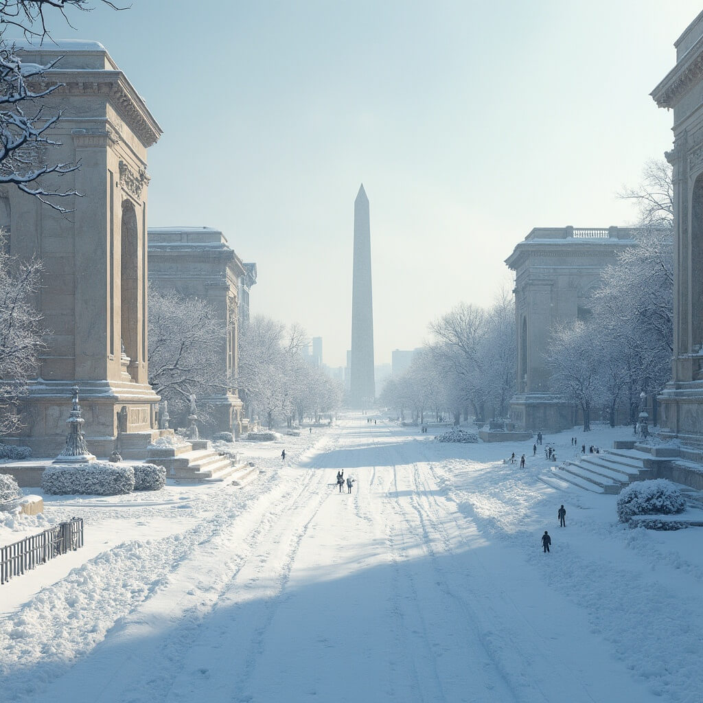 Winter sunrise over a snow-covered National Mall in Washington D.C., highlighting architectural details of marble monuments and government buildings