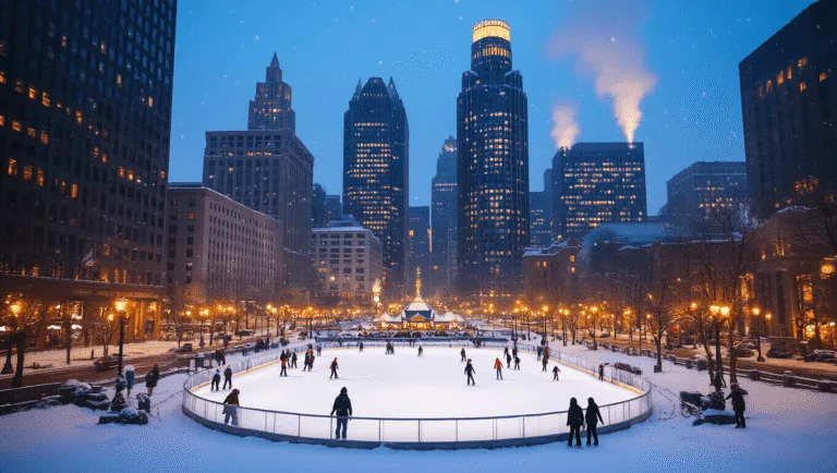 "Winter cityscape of downtown Detroit with skaters on Campus Martius Park ice rink, snow-covered skyscrapers, GM Renaissance Center in background and holiday decorations, in photorealistic style."
