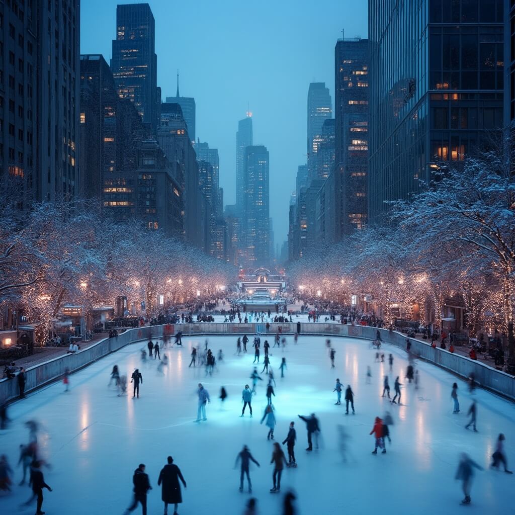 Winter twilight scene of Campus Martius Park ice skating rink with people skating, surrounded by snow-covered buildings and city lights reflecting on ice