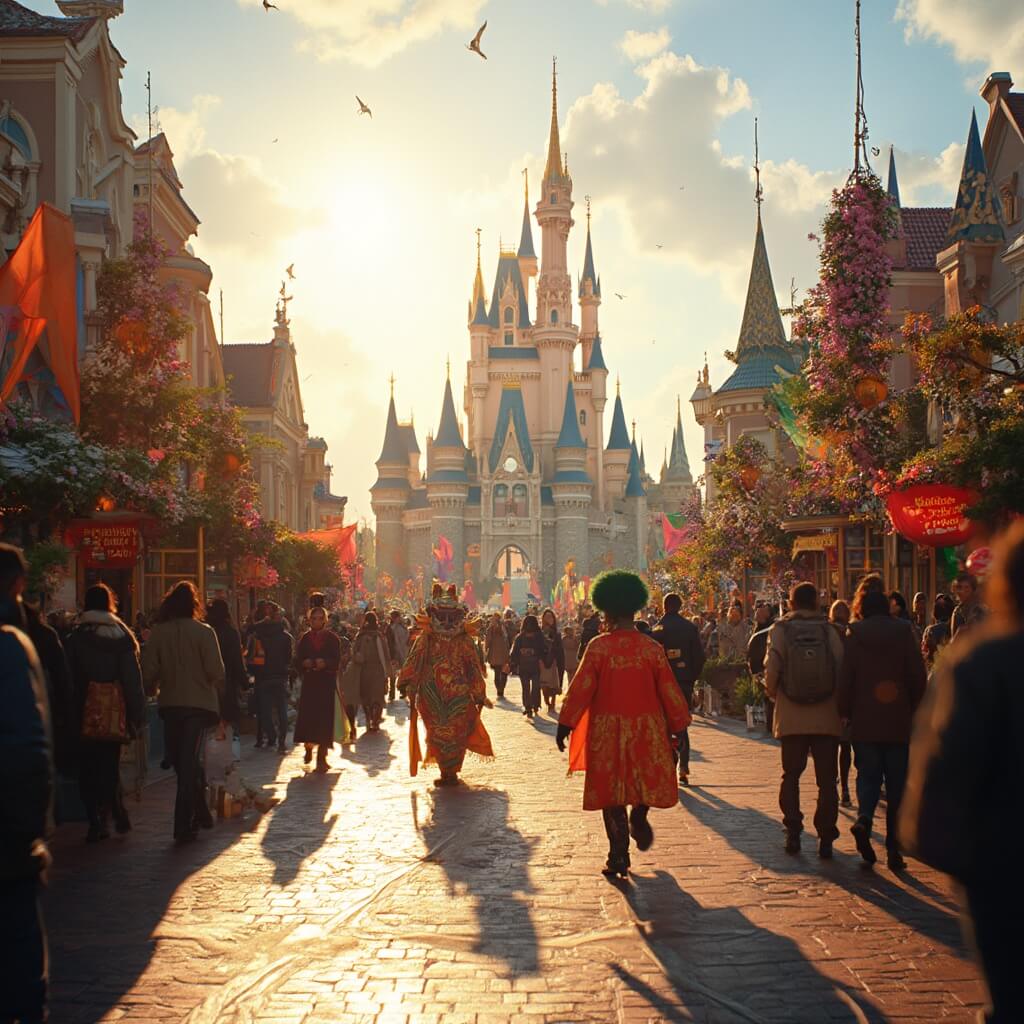 Theme park scene at Disney World during Festival of the Arts with colorful performers, guests in light jackets, Disney castle in background and well-landscaped pathways under warm sunlight.