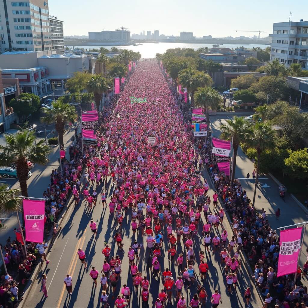 Aerial view of the DONNA Marathon in Jacksonville with runners in colorful athletic wear, city streets adorned with pink ribbons and banners, cheering spectators, and the sparkling St. Johns River in the background.