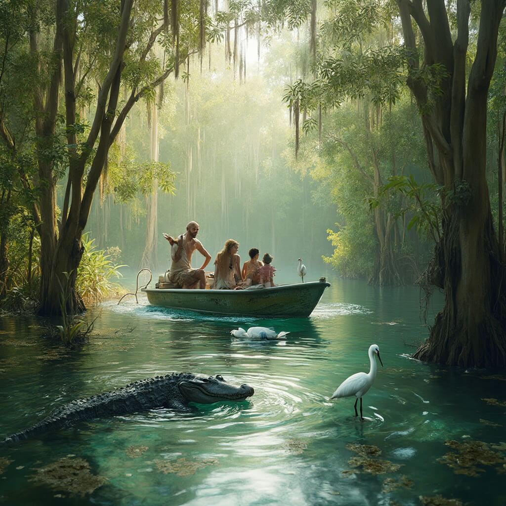 Family on an airboat eco-tour in the Everglades, pointing at an alligator, with herons and egrets in the surrounding clear waters and late afternoon light filtering through cypress trees.