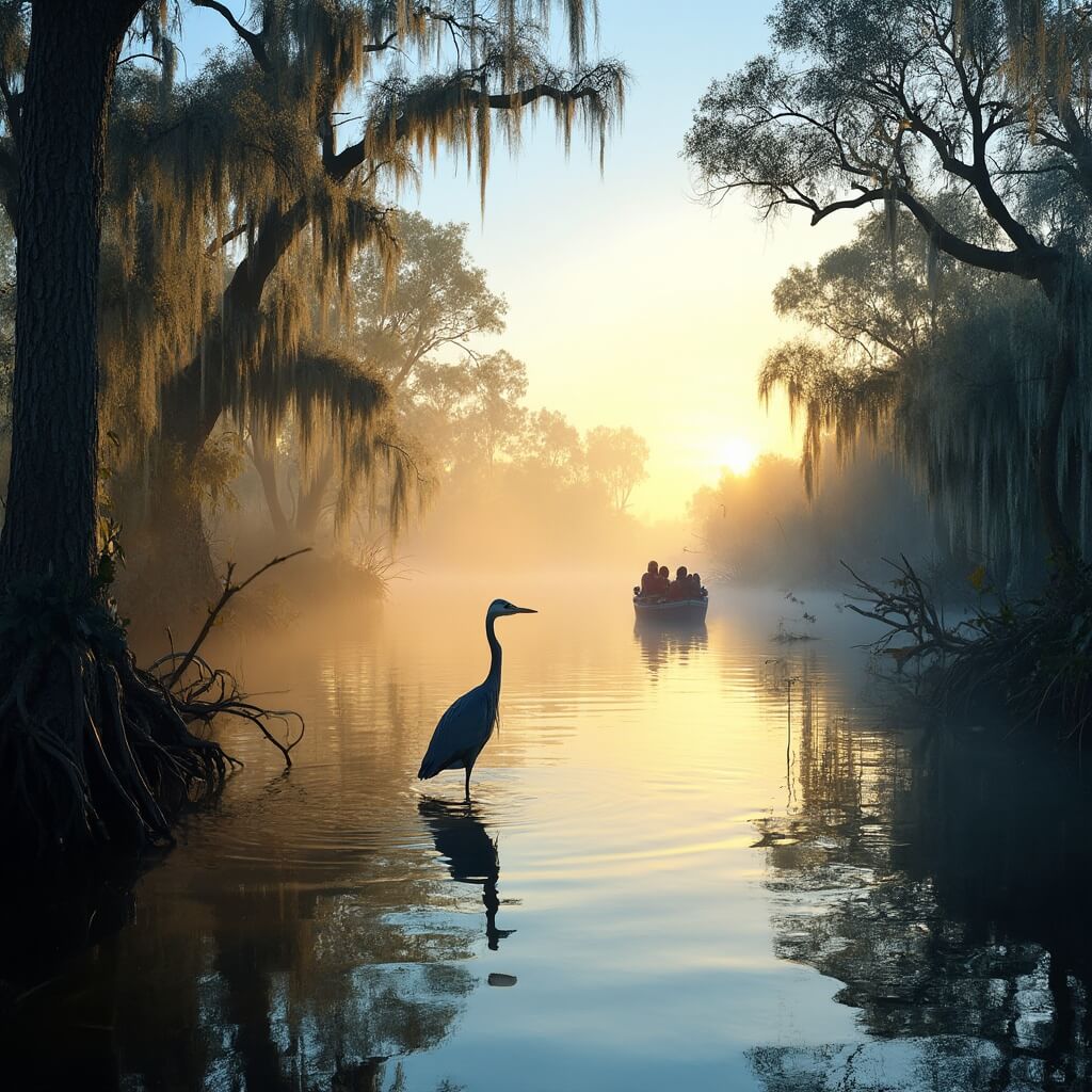 "Great blue heron in misty Everglades swamp under rising sun, with eco-tourists in canoe amidst cypress trees draped in Spanish moss on a clear January morning."