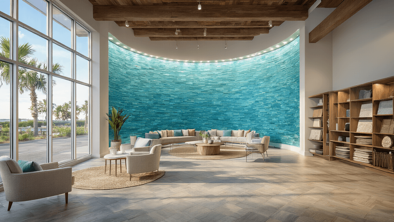 Photorealistic interior of a Florida Floor & Decor showroom showcasing a 15' curved display wall of blue-green glass tiles, with natural light, wooden beams, and stylish furniture in a coastal-modern aesthetic.
