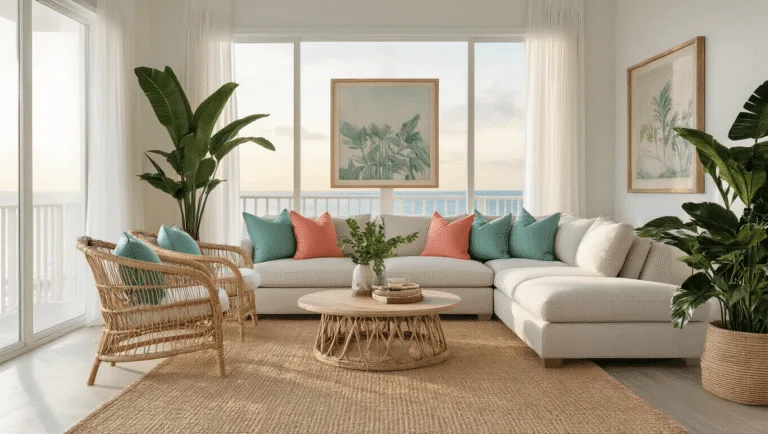 A sun-drenched Florida living room with a neutral sectional, rattan chairs, and coastal decor, illuminated by golden hour light streaming through large windows.