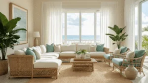 Spacious Florida coastal living room featuring vintage rattan sectional, seafoam green accent chairs, and large floor-to-ceiling windows with sheer white curtains, bathed in soft golden hour sunlight, surrounded by lush plants and coastal decor.