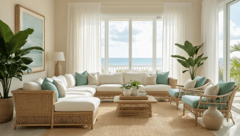 Spacious Florida coastal living room featuring vintage rattan sectional, seafoam green accent chairs, and large floor-to-ceiling windows with sheer white curtains, bathed in soft golden hour sunlight, surrounded by lush plants and coastal decor.