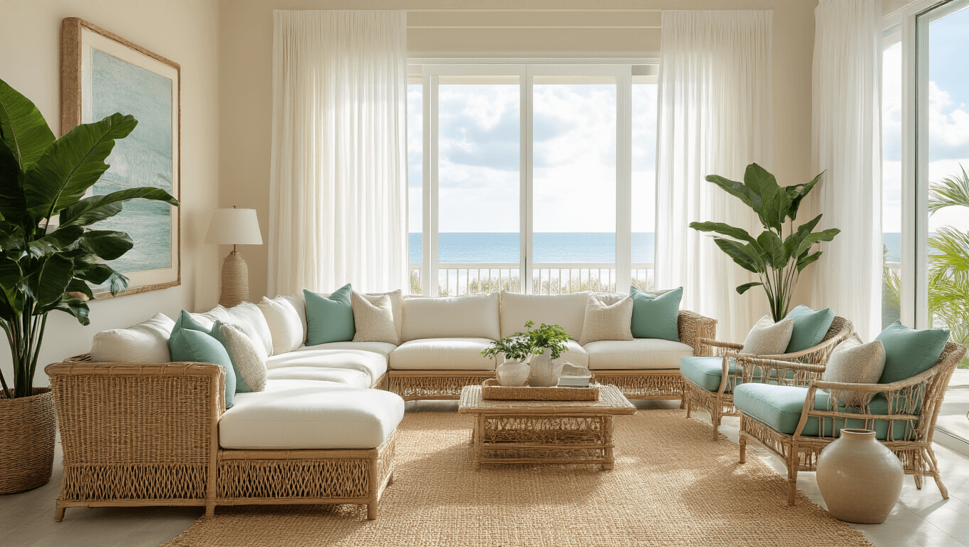 Spacious Florida coastal living room featuring vintage rattan sectional, seafoam green accent chairs, and large floor-to-ceiling windows with sheer white curtains, bathed in soft golden hour sunlight, surrounded by lush plants and coastal decor.
