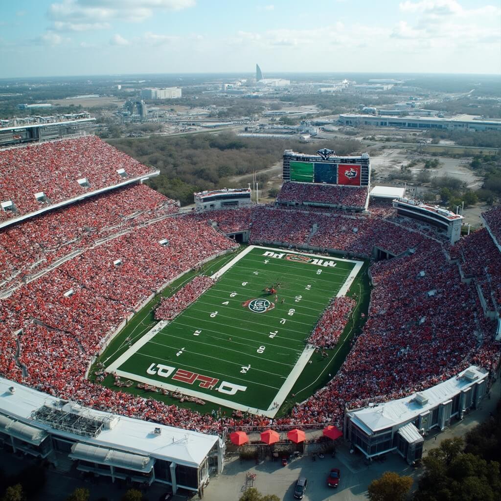 Aerial view of the TaxSlayer Gator Bowl stadium filled with cheering fans in vivid team colors, with Jacksonville's urban and natural scenery in the background