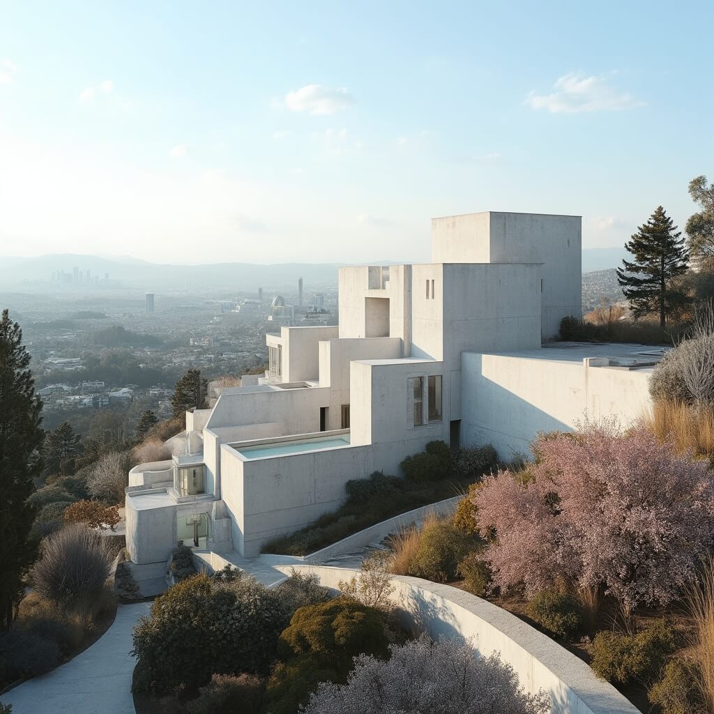 Getty Center's modern white buildings on a hilltop with winter gardens, curved limestone walls, panoramic LA views, in a clear winter afternoon light