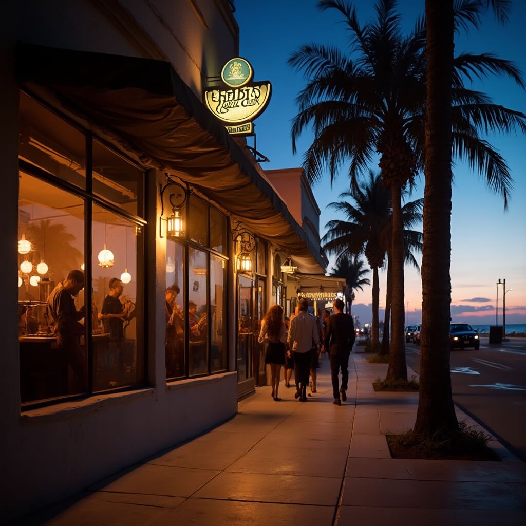Atmospheric evening view of Heidi's Jazz Club with silhouetted musicians, palm trees, and faint sunset glow, surrounded by well-dressed patrons.