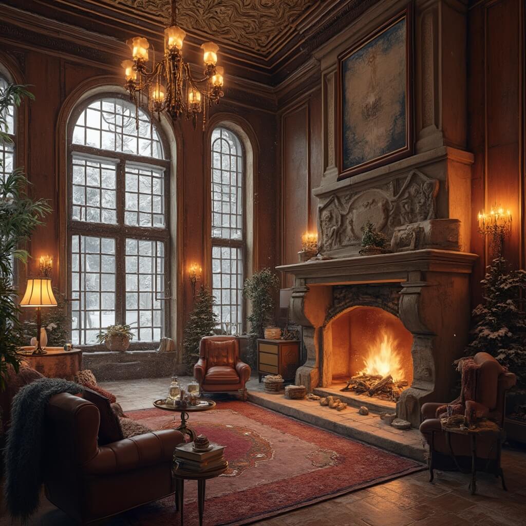 Luxury historic Detroit hotel lobby featuring art deco details, wood paneling, a grand stone fireplace, vintage chandeliers, leather armchairs, and large windows viewing a winter snowfall