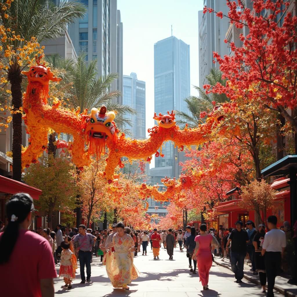 Lunar New Year celebration at Discovery Green, Houston featuring colorful traditional decorations, dancers in cultural attire, with a lively street scene, modern city skyline view, under bright sunlight