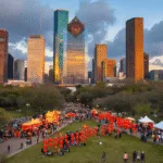 "Downtown Houston skyline at dusk reflecting golden light, with Discovery Green park adorned with red Lunar New Year lanterns and festival tents, a mix of weather with sunset clouds, and multicultural events including crawfish festivals and lunar new year performances in progress."